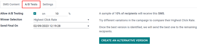 The A/B Test tab is located on an SotaERP SMS Marketing app campaign form.