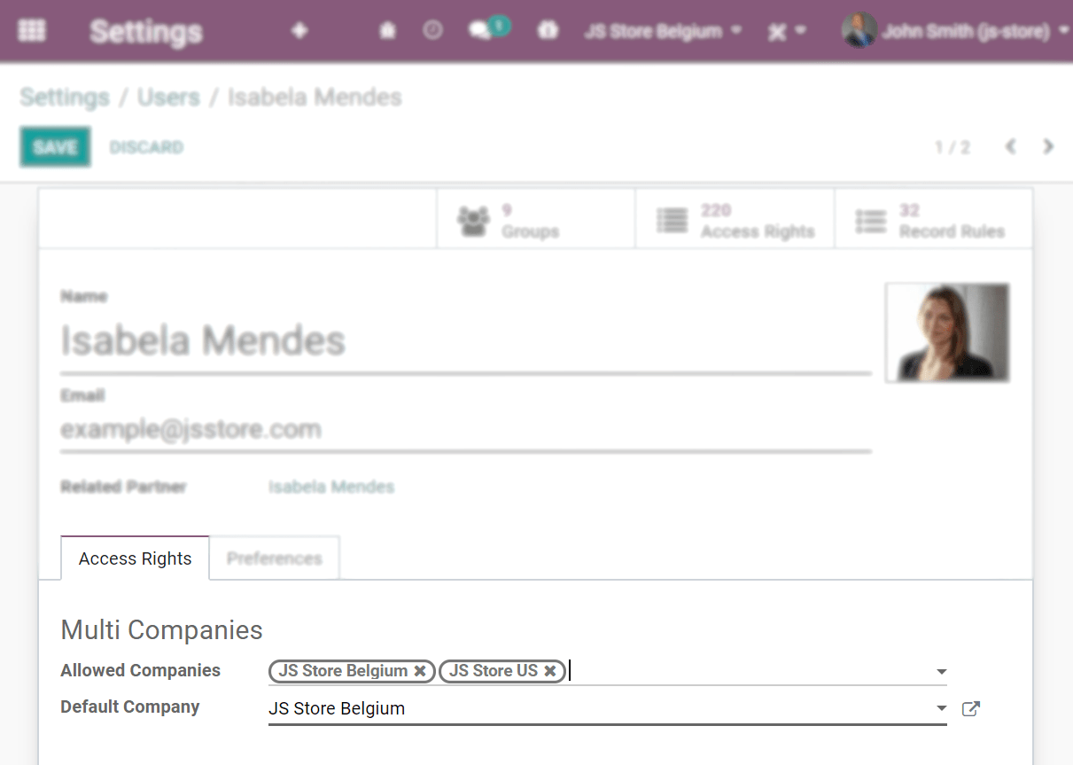 View of an user form emphasizing the multi companies field under the access rights tabs in SotaERP