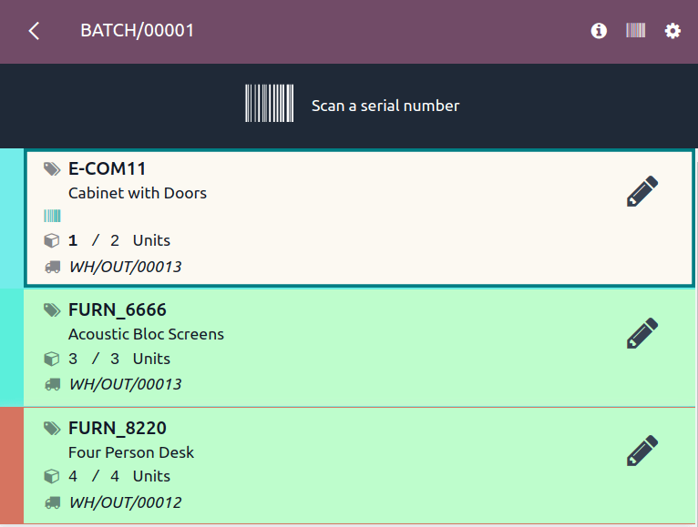 Display products to be picked in barcode view.