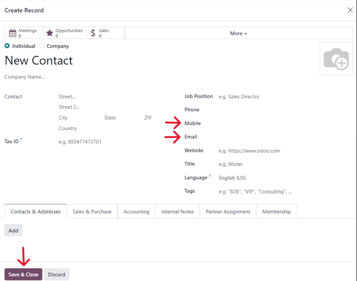 A blank contact form from a launch test pop-up window in SotaERP Marketing Automation.