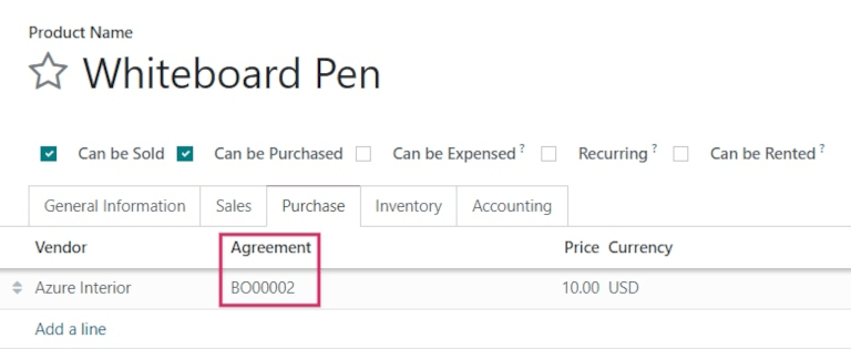 Product form with replenishment agreement linked to blanket order.