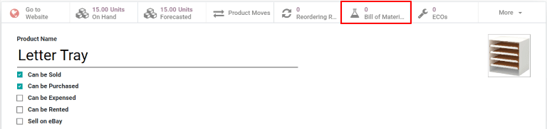 The Bill of Materials smart button on a product form.