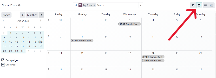 Example of the calendar view in SotaERP Social Marketing.