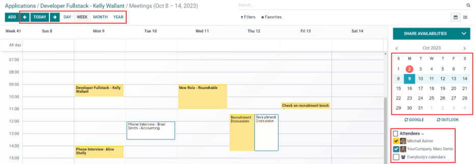 The calendar view, highlighting how to change the displayed meetings.