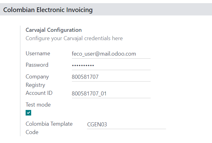 Configure credentials for Carvajal web service in SotaERP.