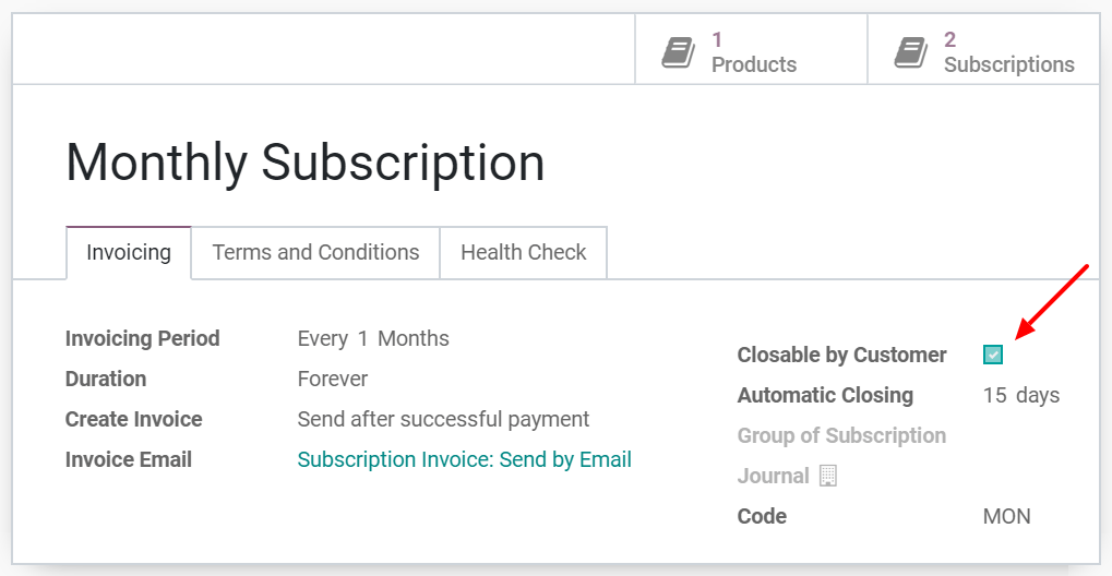 Configuration to close your subscription with SotaERP Subscriptions