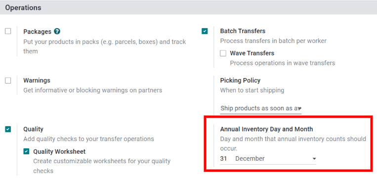 Adjust the next inventory count date with the Annual Inventory Day and Month setting.