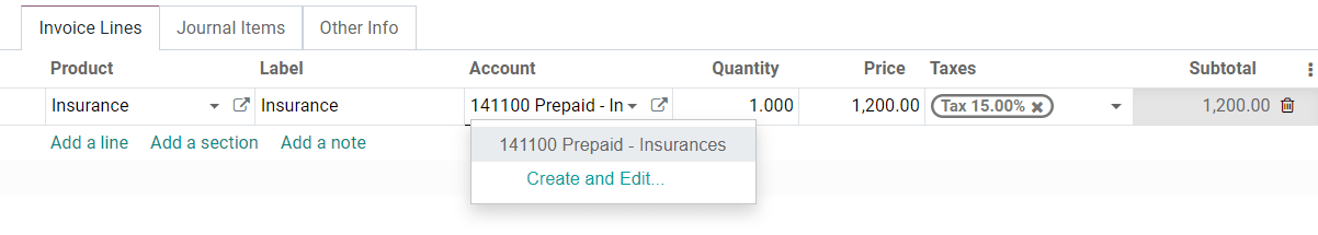 Selection of a Deferred Expense Account on a draft bill in SotaERP Accounting