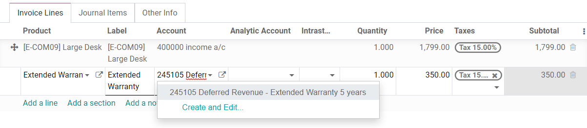 Selection of a Deferred Revenue Account on a draft invoice in SotaERP Accounting