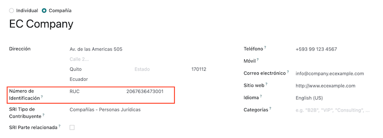 Populate company data for Ecuador in SotaERP Contacts.