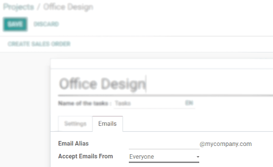 In the settings of your project, define the emails alias under the tab email in SotaERP Project