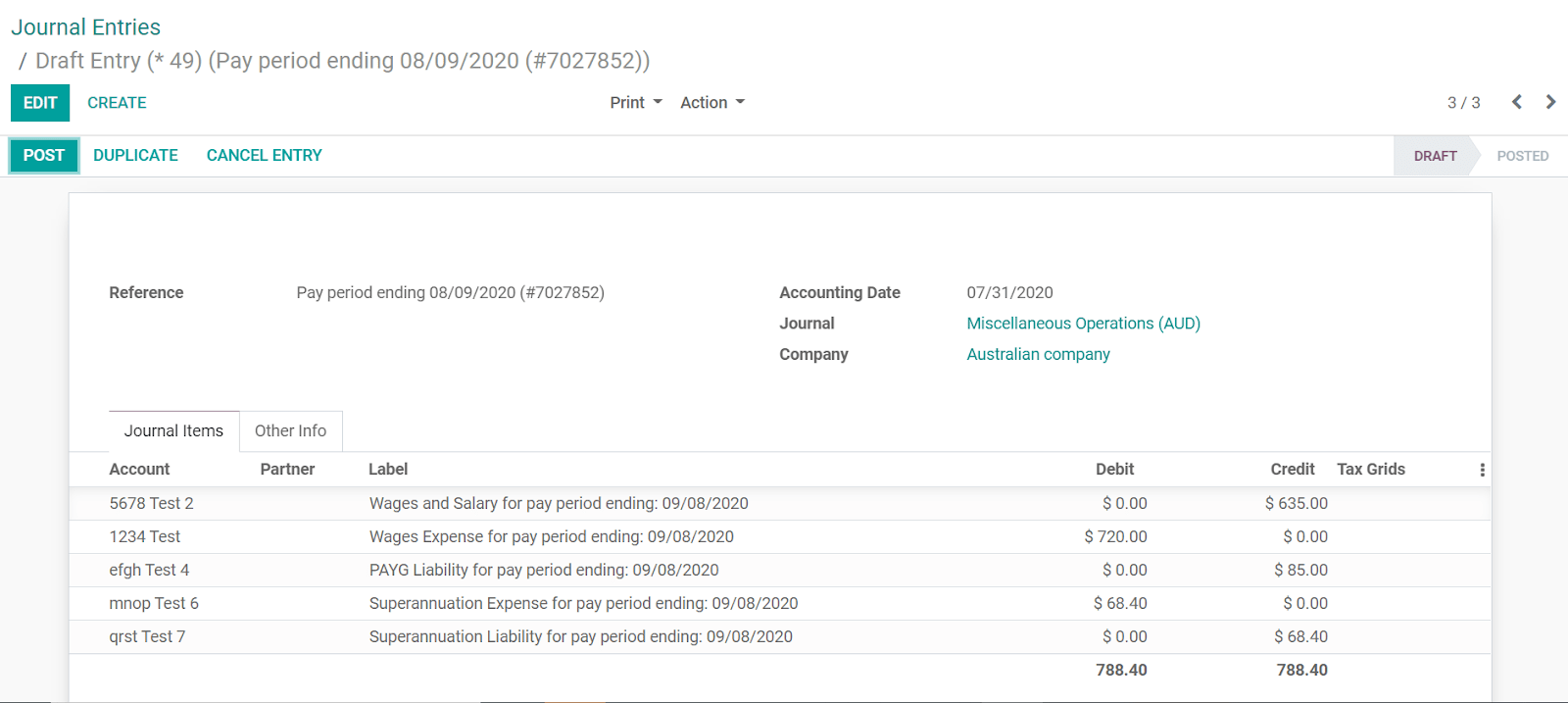 Example of a Employment Hero Journal Entry in SotaERP Accounting (Australia)