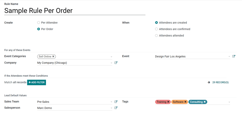 How the Lead Generation Rule template looks in SotaERP Events.