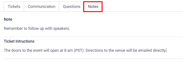 View of the Notes tab in SotaERP Events.