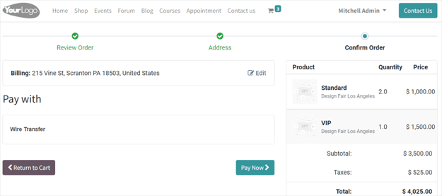 View of website transaction for SotaERP Events.