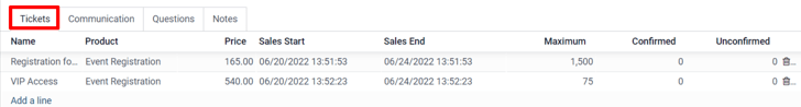 View of the ticket tab in SotaERP Events.