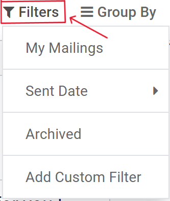 View of filters drop-down menu options on the SotaERP Email Marketing dashboard.