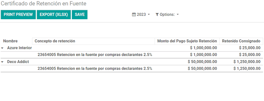 Certificado de Retención en Fuente report in SotaERP Accounting.