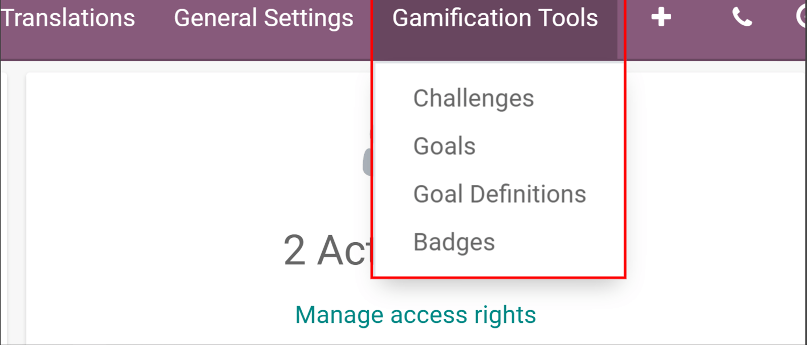 View if the gamification tools menu in SotaERP Settings