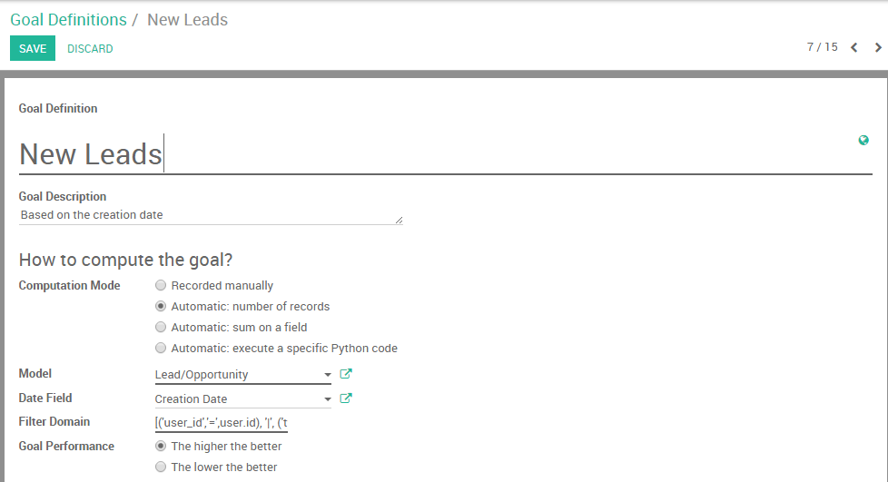 View of the goal definition form and a goal definition being created for SotaERP Sales