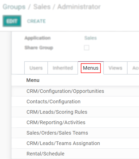 View of a group’s form emphasizing the tab menus in SotaERP