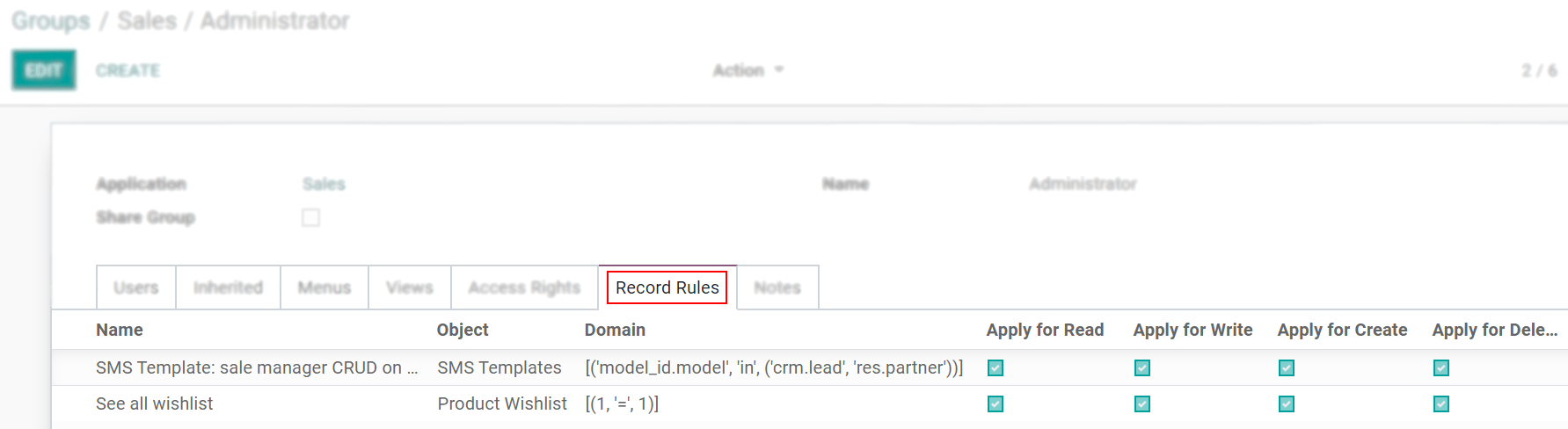 View of a group’s form emphasizing the tab record rules in SotaERP