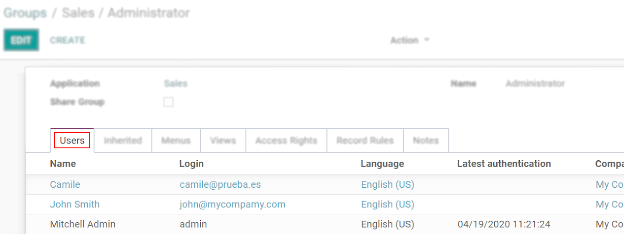 View of a group’s form emphasizing the tab users in SotaERP