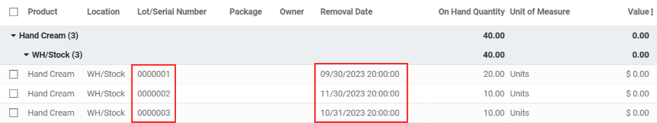 View the hand cream lot numbers and expiration dates in the inventory report.