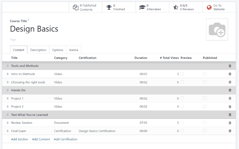 View of a course being published for SotaERP Helpdesk.