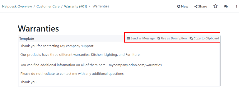 View of a template in knowledge with focus on send and copy options.