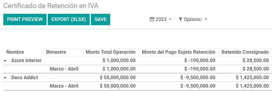 Certificado de Retención en IVA report in SotaERP Accounting.