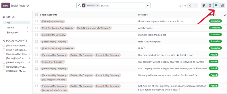 View of the list option on the posts page in SotaERP Social Marketing.