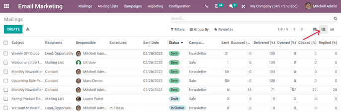 How the List view appears in the SotaERP Email Marketing application.