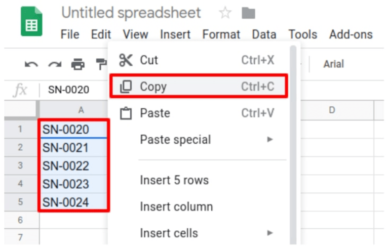 List of lot numbers copied on excel spreadsheet.