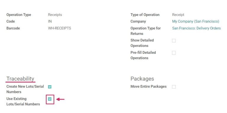 Enabled traceability setting on operations type form.