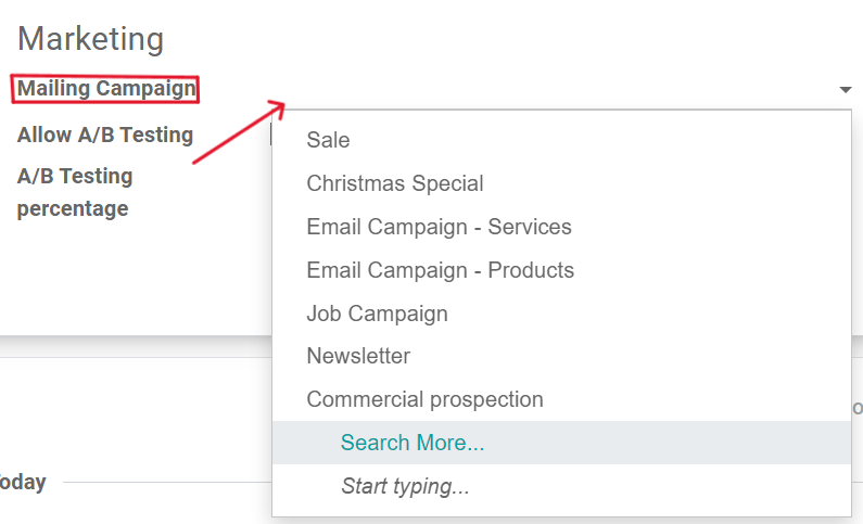 View of a mailing campaign drop-down menu in SotaERP Email Marketing application.