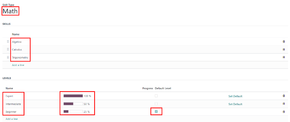 A skill form for a Math skill type, with all the information entered.