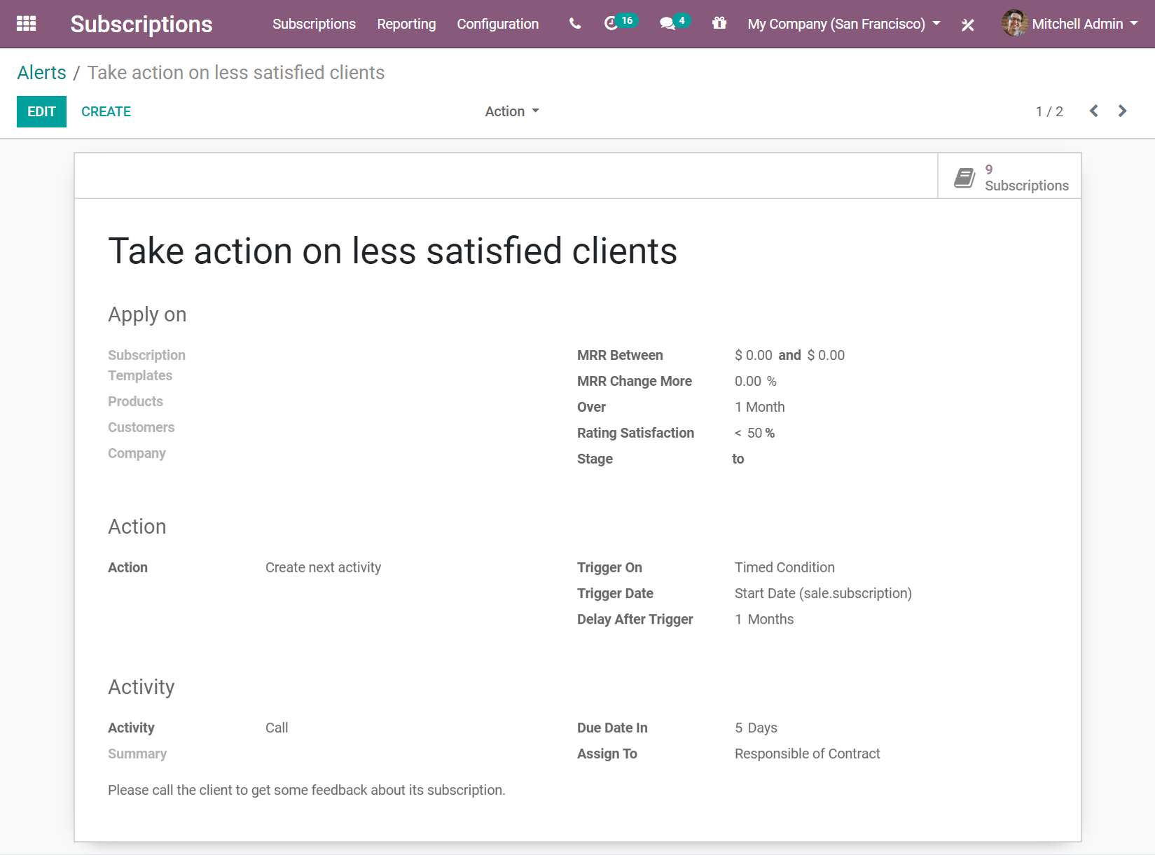 Modify an existing automatic alert in SotaERP Subscriptions