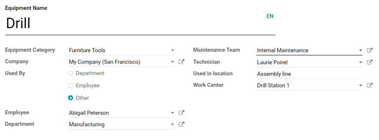 An example of a fully configured new equipment form.