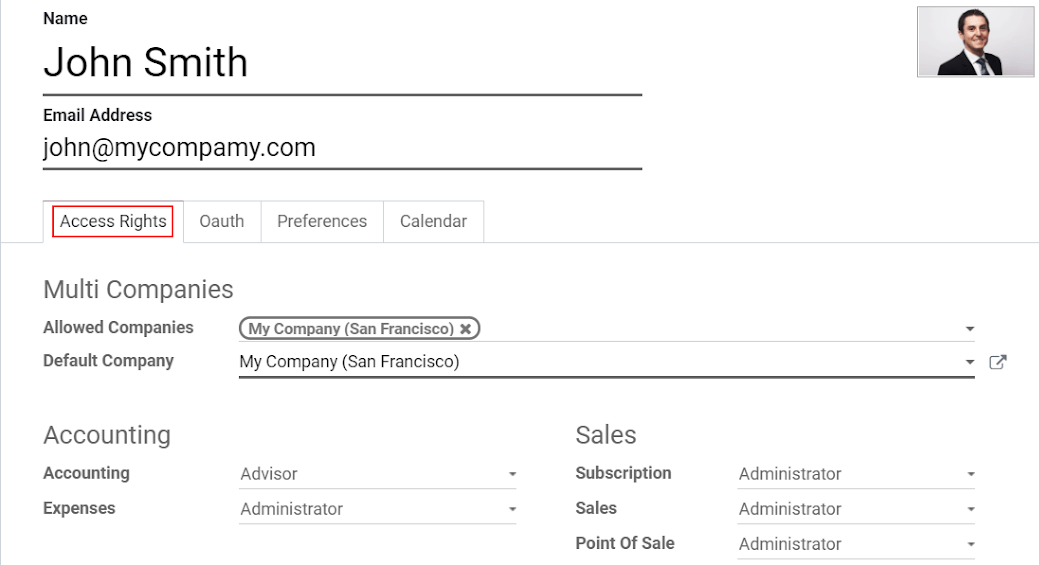 View of a user’s form emphasizing the access rights tab in SotaERP