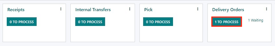 Delivery Orders kanban card's 1 to Process smart button.