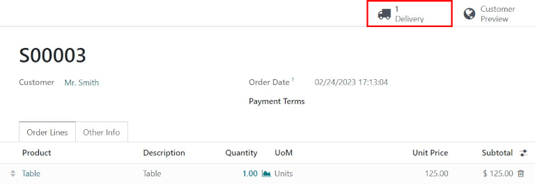 The Delivery smart button appears after the sales order is confirmed.