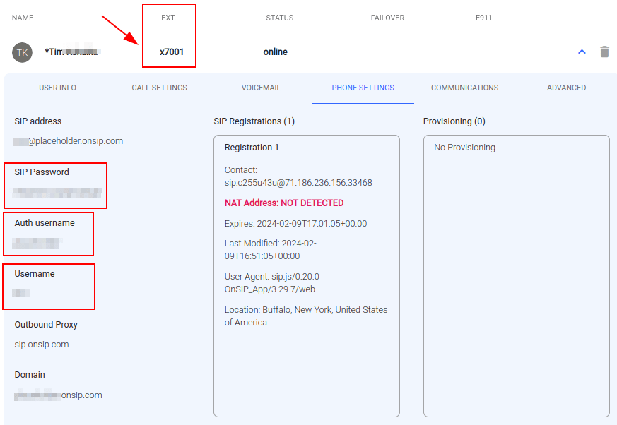 OnSIP user credentials with username, auth username, SIP password, and extension highlighted.