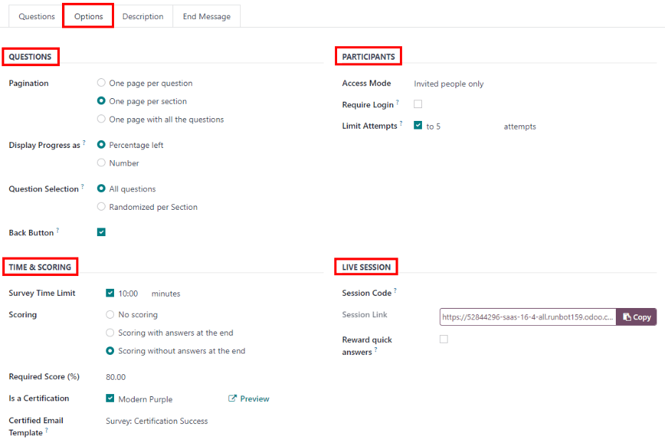 Various options to configure for the interview form.