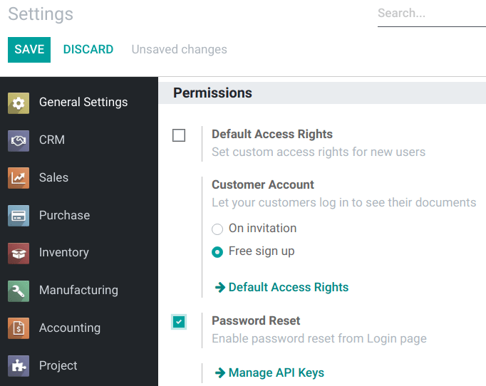 Enabling Password Reset in SotaERP Settings