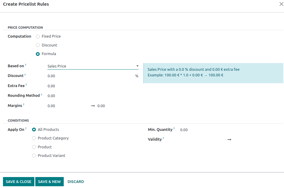 Setup form to configure an advanced pricelist