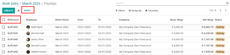 Print button for printing the payslips.