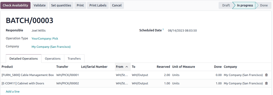 Show batch transfer of products from two pickings in the *Detailed Operations* tab.