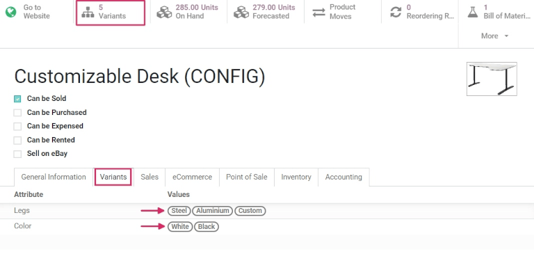 Product form variants tab with values and attributes.