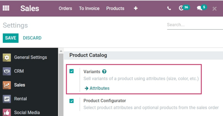 Selecting "Variants" from Inventory app settings.